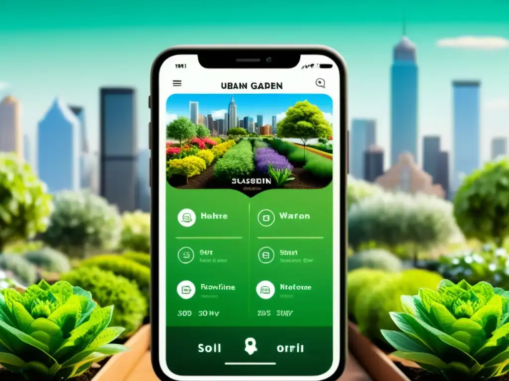 Interfaz de app de smartphone mostrando un huerto urbano siendo regado a distancia