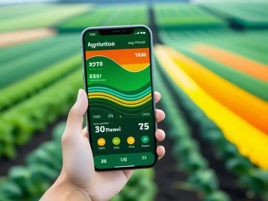 Interfaz de aplicación de predicción agrícola con IA y datos meteorológicos en pantalla de smartphone