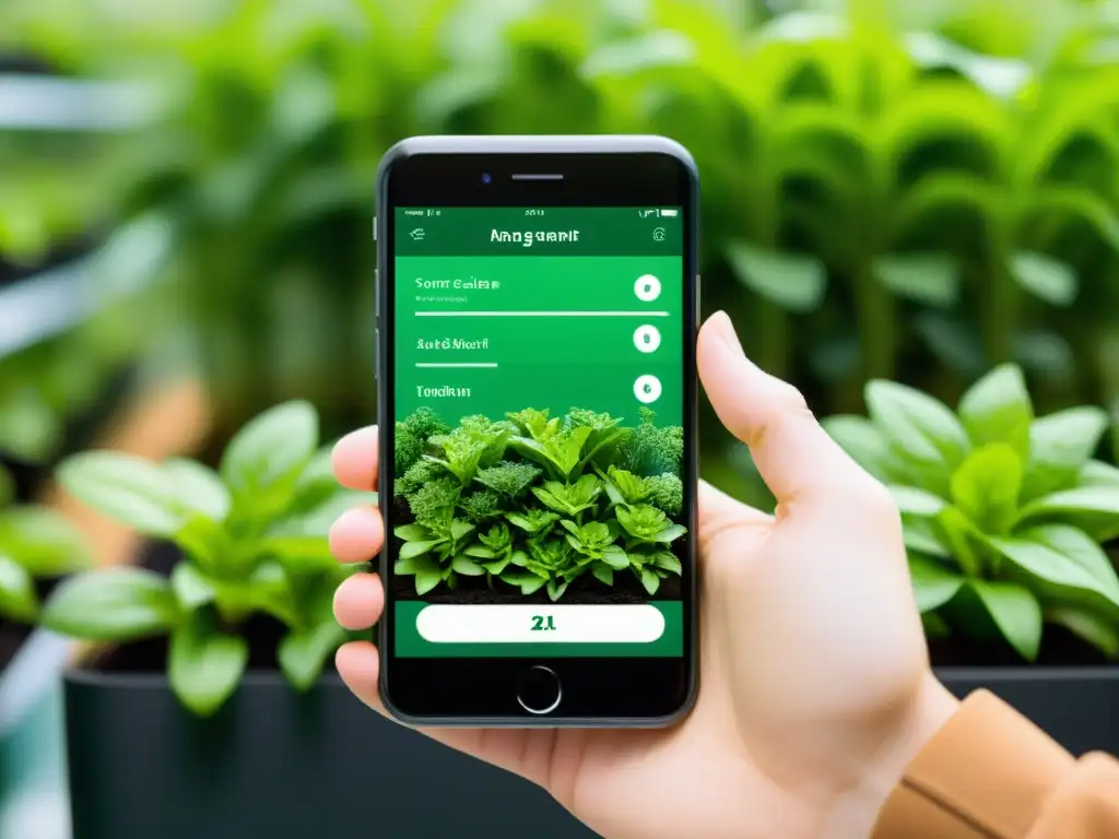 Interfaz de aplicación móvil para huerto vertical automatizado con gráficos vibrantes y controles intuitivos para optimizar la productividad