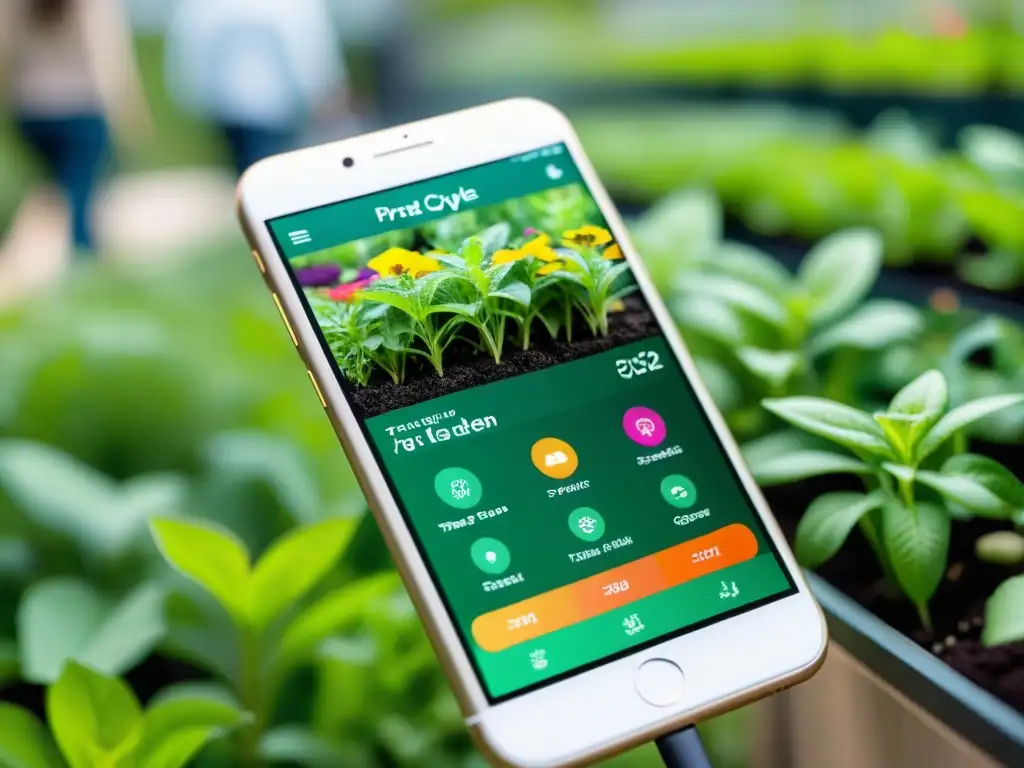 Interfaz moderna de app para seguimiento ciclo vida de plantas en jardín urbano