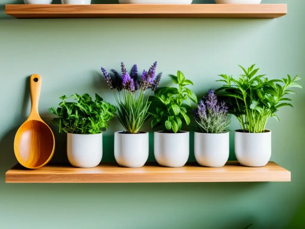 Un jardín interior moderno y vibrante con hierbas medicinales en macetas blancas sobre estantes de madera en una cocina luminosa