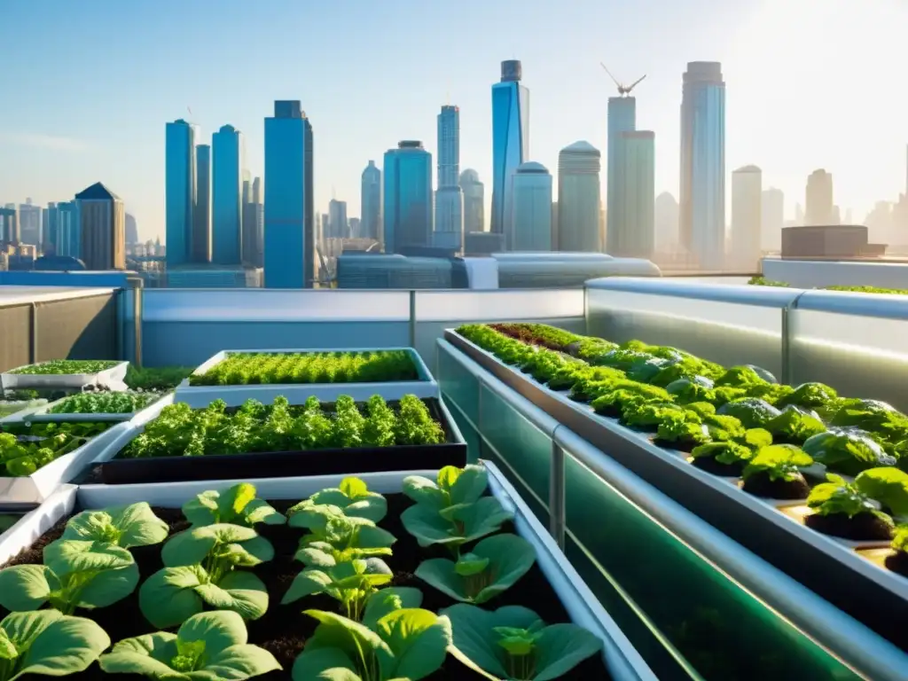 Un invernadero futurista en la ciudad, con una exuberante granja de acuaponía urbana