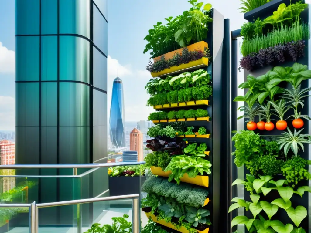 IoT huerto vertical agricultura urbana: vibrante jardín vertical en entorno urbano, integrando frutas, verduras y hierbas, con moderna ciudad al fondo