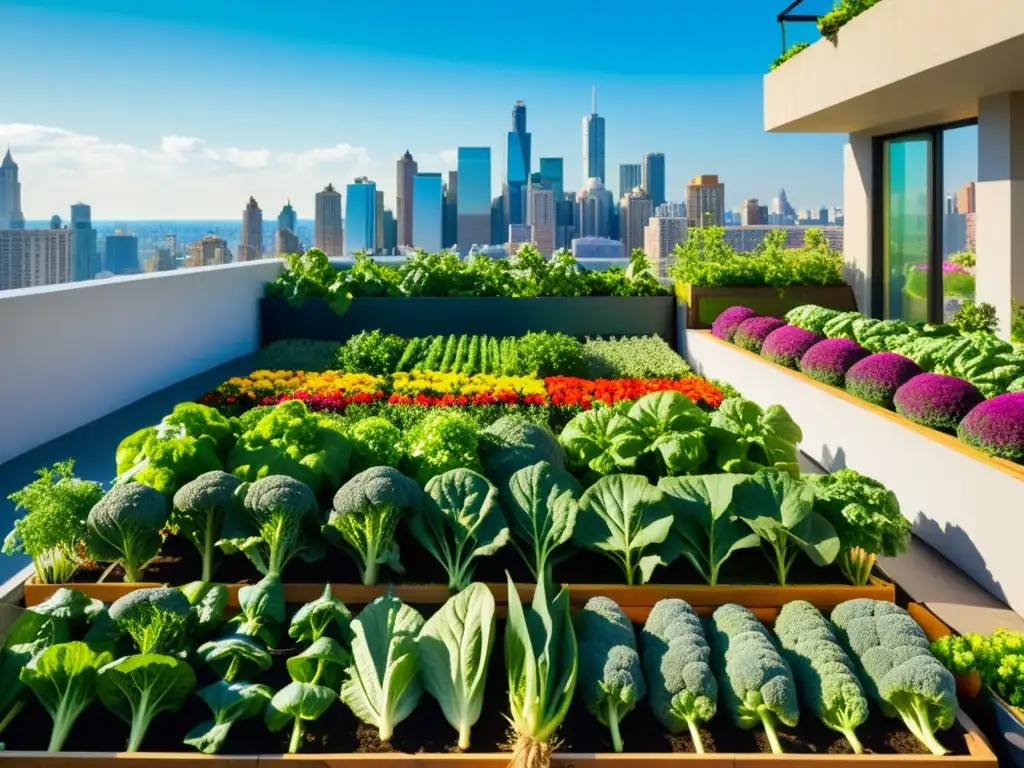 Un jardín de cosechas en azotea, repleto de verduras y flores vibrantes, bajo el cielo de la ciudad