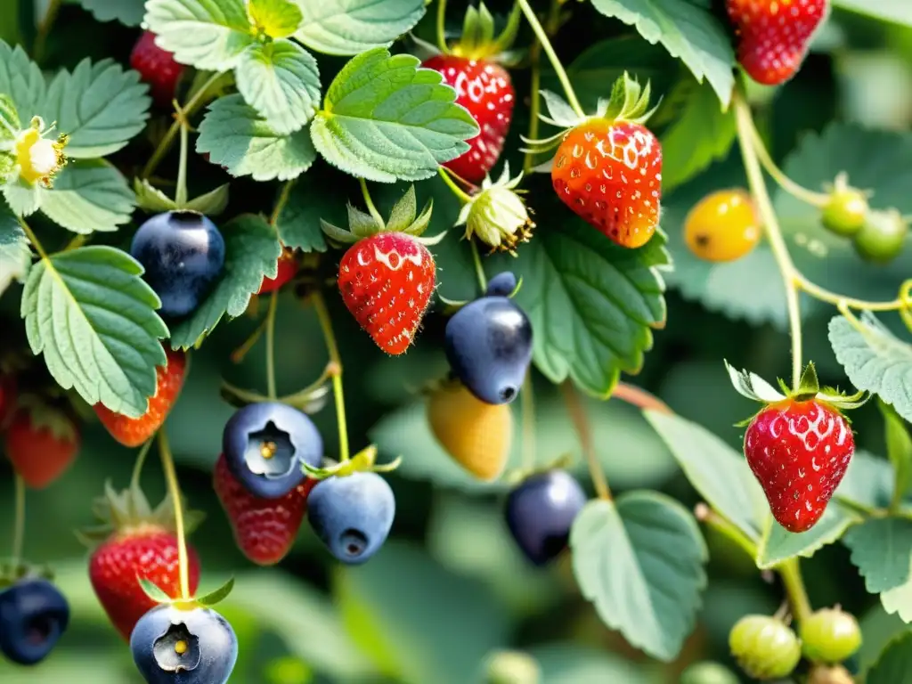 Un jardín exuberante rebosante de frutos rojos maduros, cultivar berries superalimentos en casa