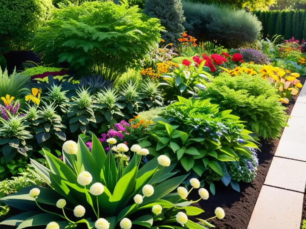 Un jardín exuberante y vibrante muestra la rotación y asociación de plantas, creando armonía y abundancia en un escenario dinámico