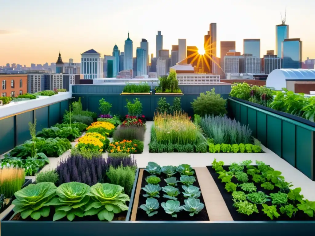 Un jardín de huertos urbanos vibrante y moderno en la azotea de la ciudad, bañado por la cálida luz del sol