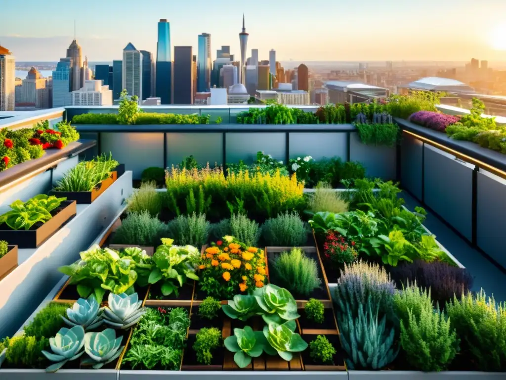 Un jardín de huertos verticales para agricultura urbana, rebosante de vida y color, en contraste con el bullicio de la ciudad