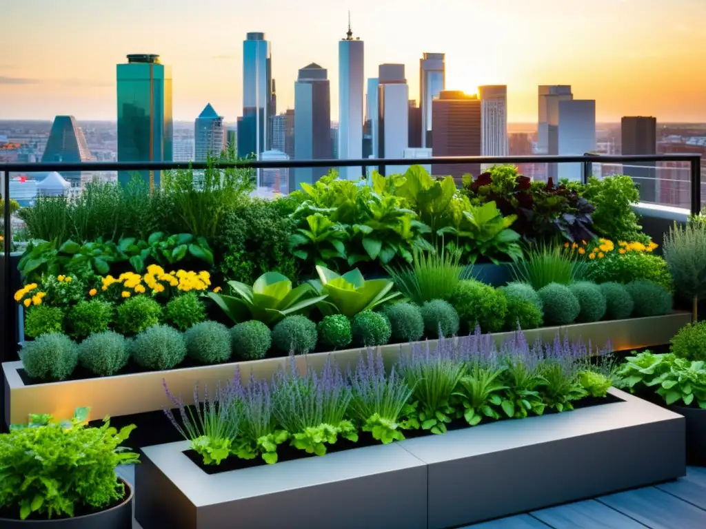 Un jardín de huertos verticales en azoteas, con vegetales vibrantes y hierbas, bañado por una cálida luz dorada