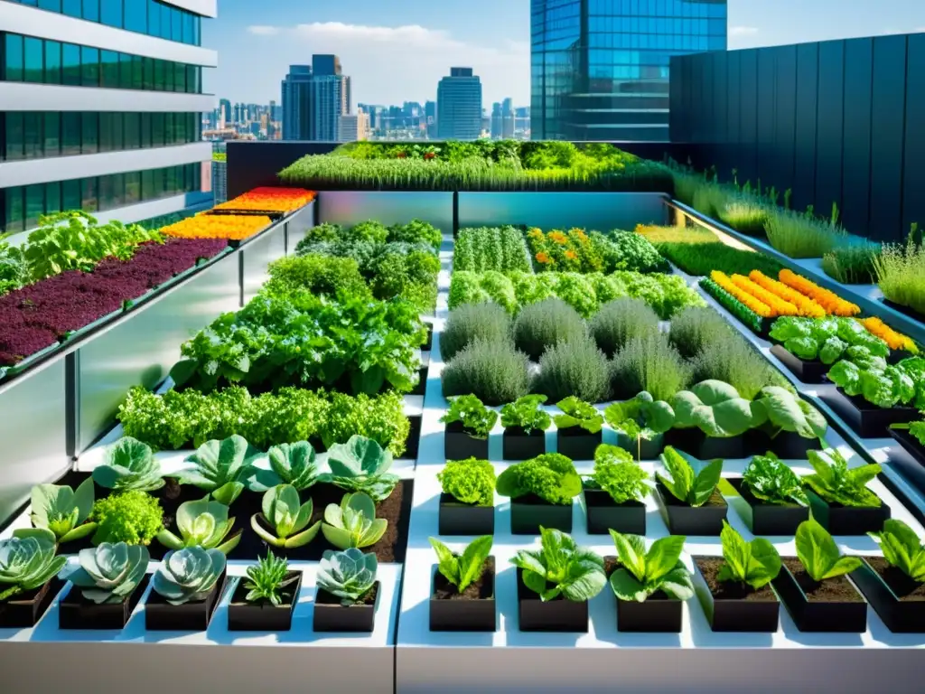 Un jardín de huertos verticales lleno de verdor vibrante y hortalizas coloridas en modernos maceteros geométricos