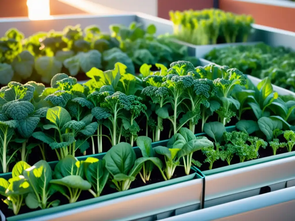 Un jardín de microvegetales en agricultura urbana con patrones geométricos, bañado por la cálida luz de la tarde