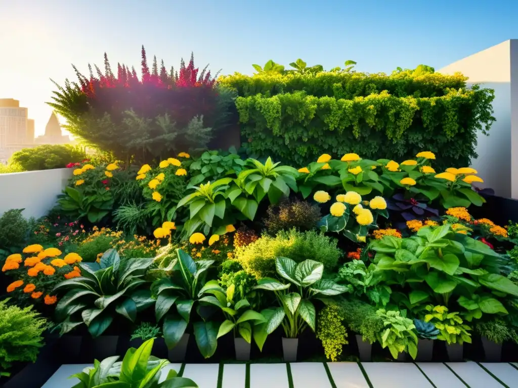 Un jardín de tejado exuberante con plantas variadas y microclimas en huertos verticales urbanos, bañado por la cálida luz dorada del sol