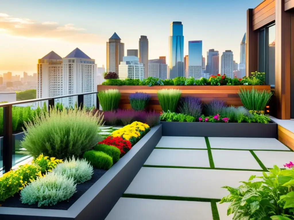Jardín urbano en la azotea: flores, hierbas y verduras en armonía Un jardín de tejado exuberante con plantas coloridas y un diseño estético huertos urbanos techos, bañado por la cálida luz del sol