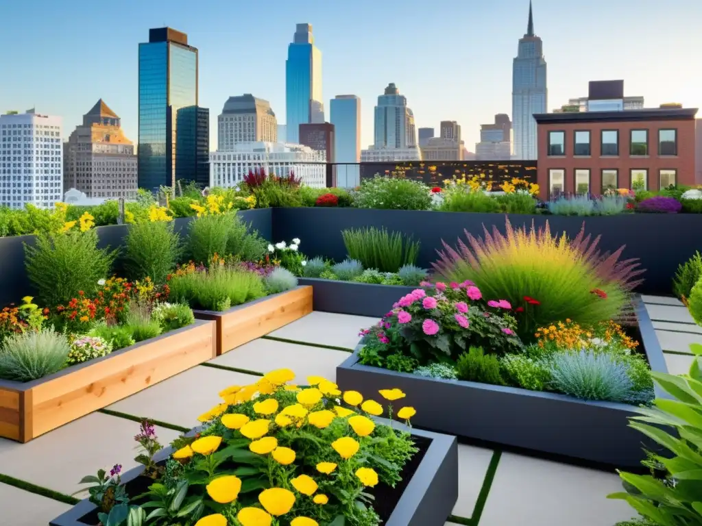 Un jardín de tejado exuberante y vibrante en el corazón de una bulliciosa ciudad, con una variedad de plantas nativas y flores en macetas elevadas