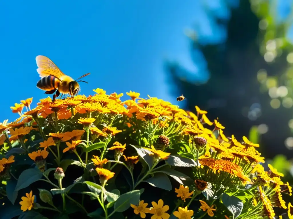 Un jardín de tejado rebosante de flores vibrantes, abejas y mariposas en pleno vuelo, iluminado por la cálida luz del sol