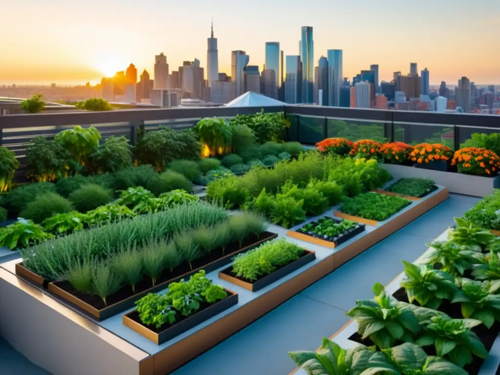 Un jardín de tejado urbano con vegetación exuberante y huerto ordenado, rodeado de edificios modernos y la ciudad al atardecer