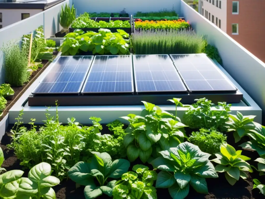 Un jardín urbano bañado por el sol con paneles solares integrados, alimentando un sistema acuapónico automatizado