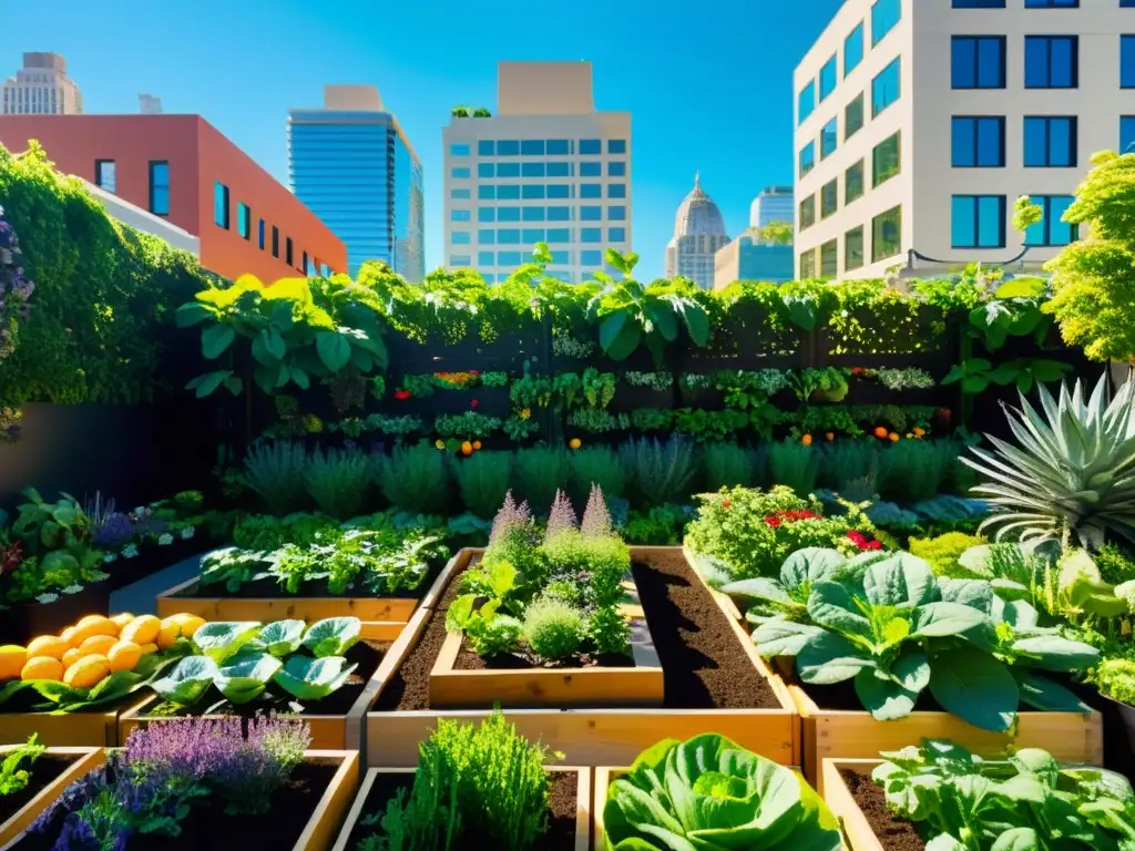 Un jardín urbano diverso y vibrante, resplandeciente con frutas, verduras y hierbas, celebrando la importancia de usar semillas orgánicas