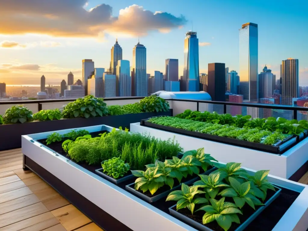 Un jardín urbano lleno de vegetación exuberante y sistemas acuapónicos, con rascacielos modernos y una vibrante puesta de sol