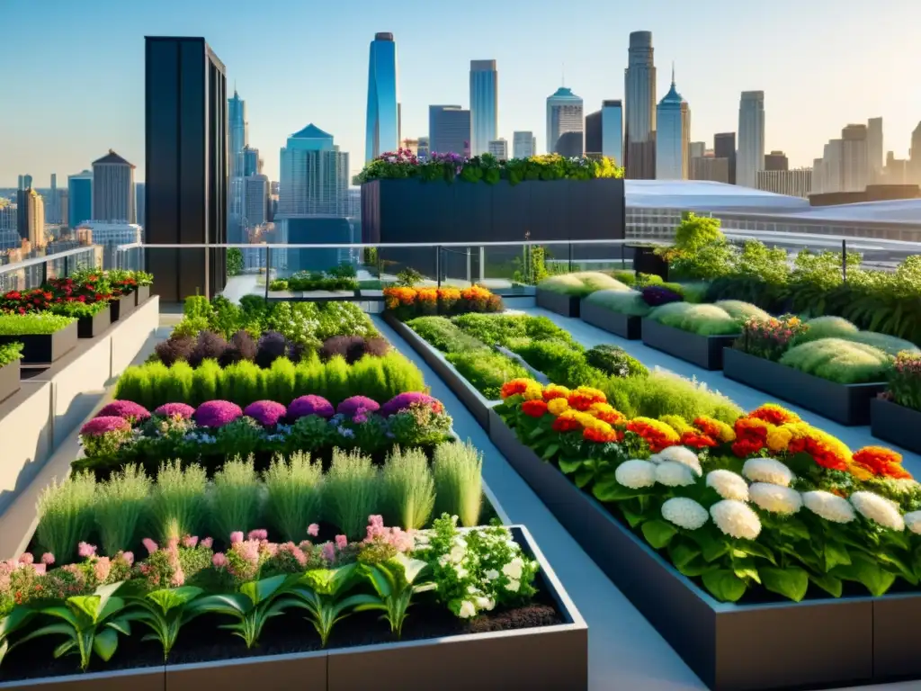 Un jardín urbano lleno de exuberante vegetación y huertos verticales modulares, con la ciudad de fondo y luz solar cálida