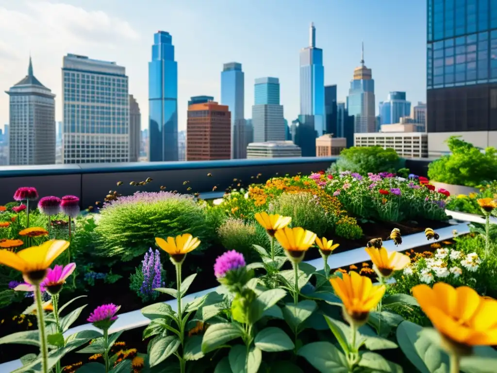 Un jardín urbano lleno de flores coloridas y abejas, refugios para abejas en ciudad