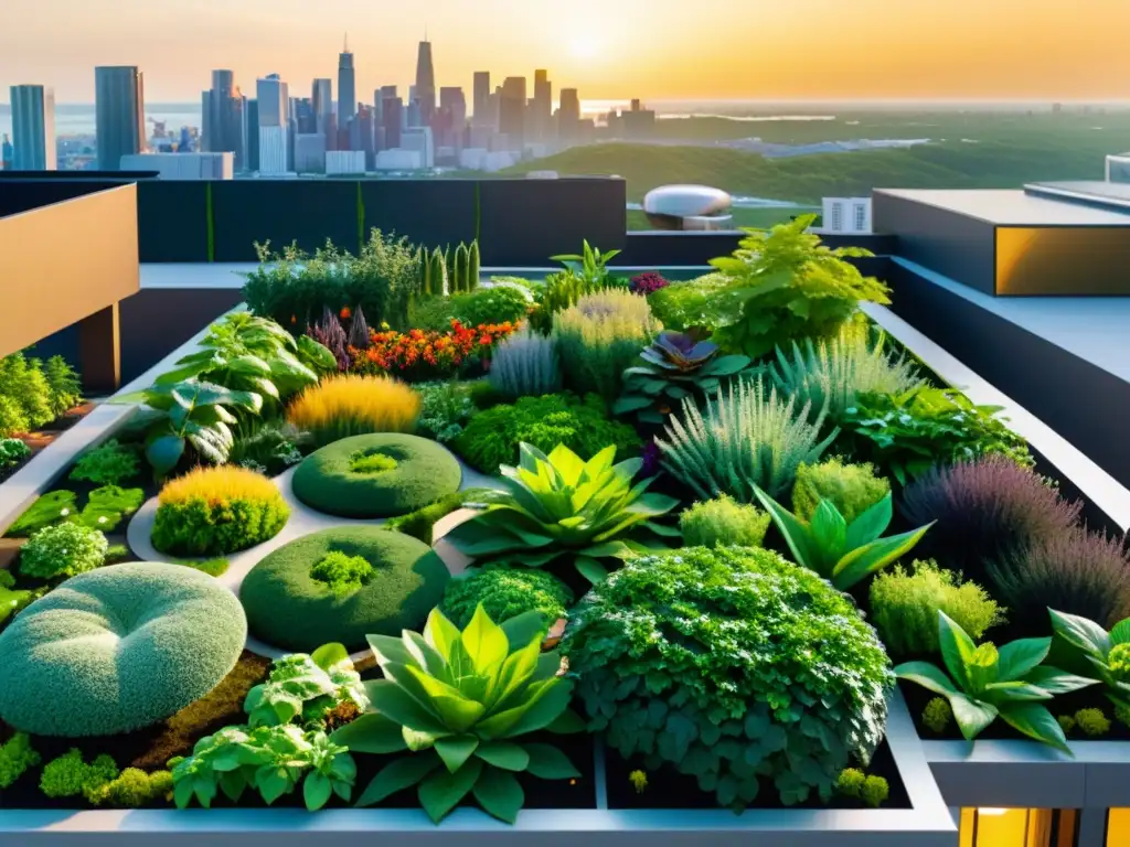 Un jardín urbano lleno de plantas verdes y verduras, con un brillo dorado