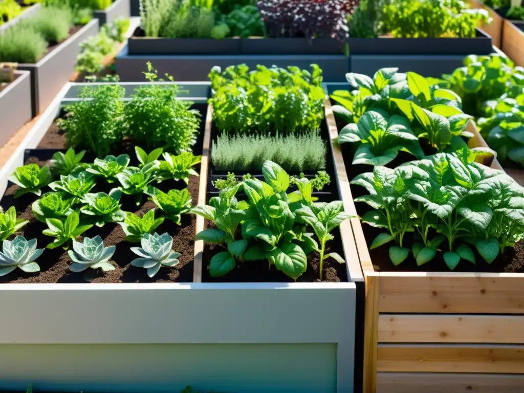 Un jardín urbano lleno de plantas y vegetales, con sistemas de riego automatizado