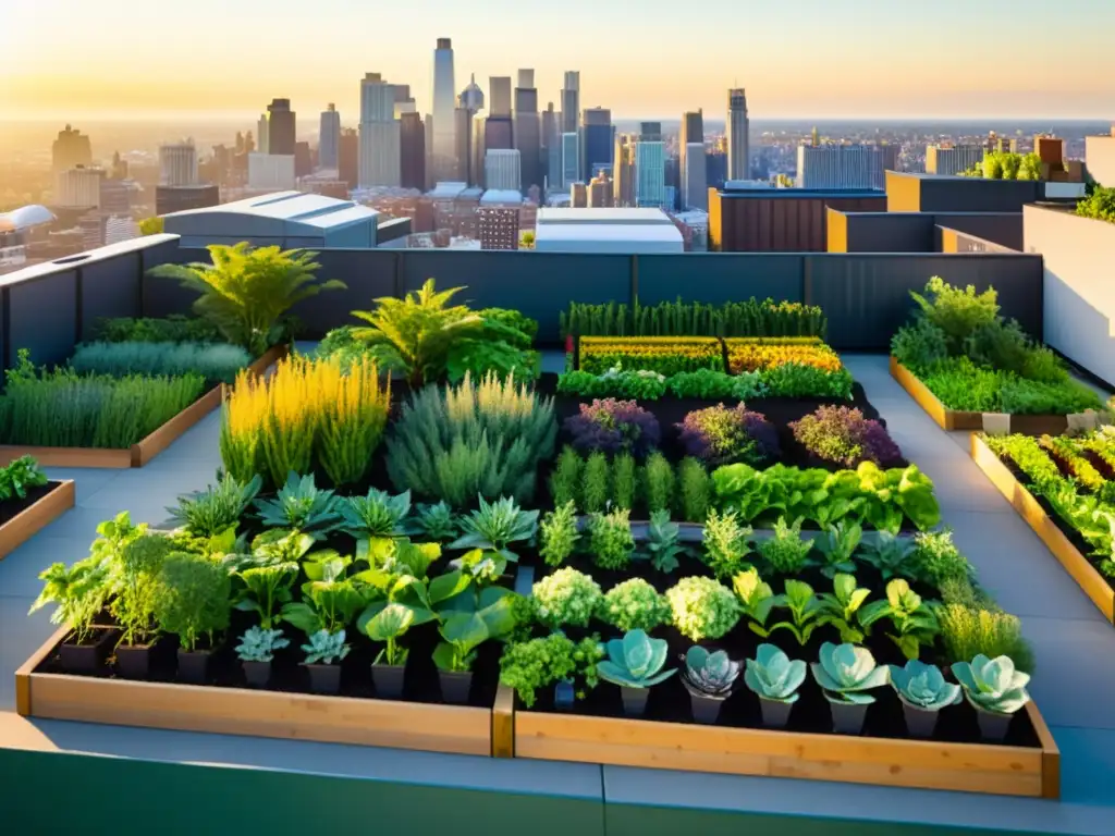 Un jardín urbano en un techo bullicioso con técnicas avanzadas de huertos urbanos