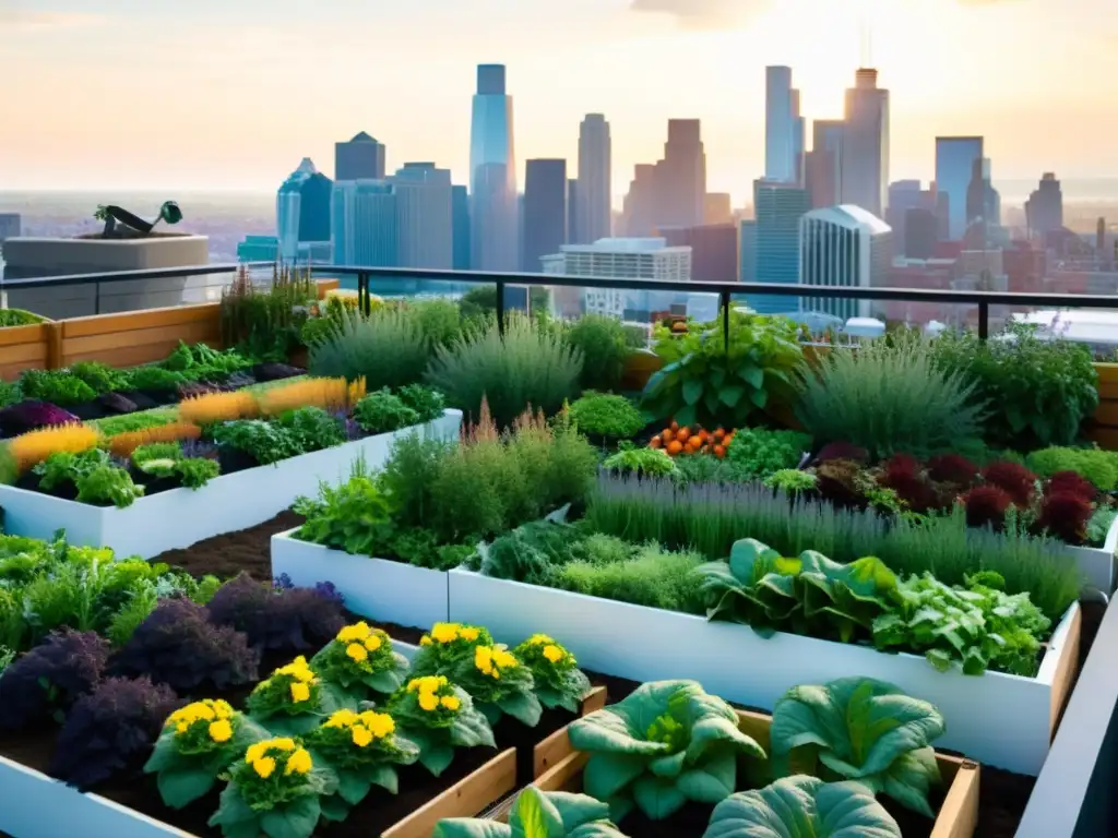 Un jardín urbano en terrazas con vegetales y hierbas, gente cosechando