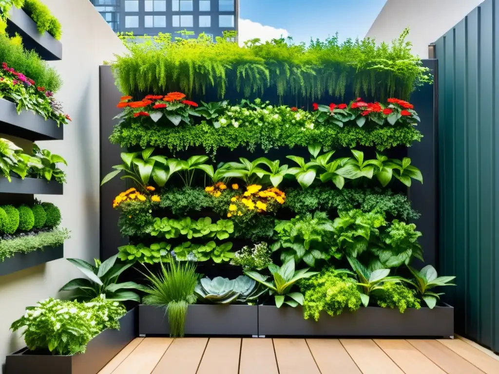 Jardinería urbana en huertos verticales con exuberante vegetación contra un fondo urbano elegante y moderno