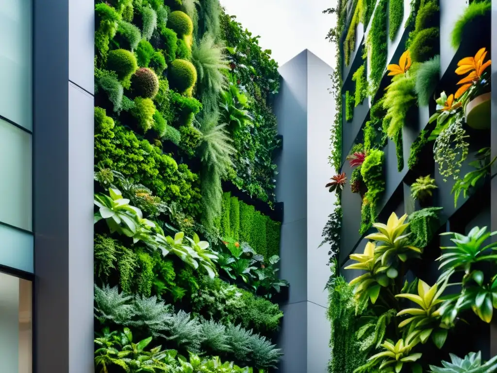 Jardinería urbana en huertos verticales: un exuberante jardín vertical contrasta con la arquitectura moderna de la ciudad