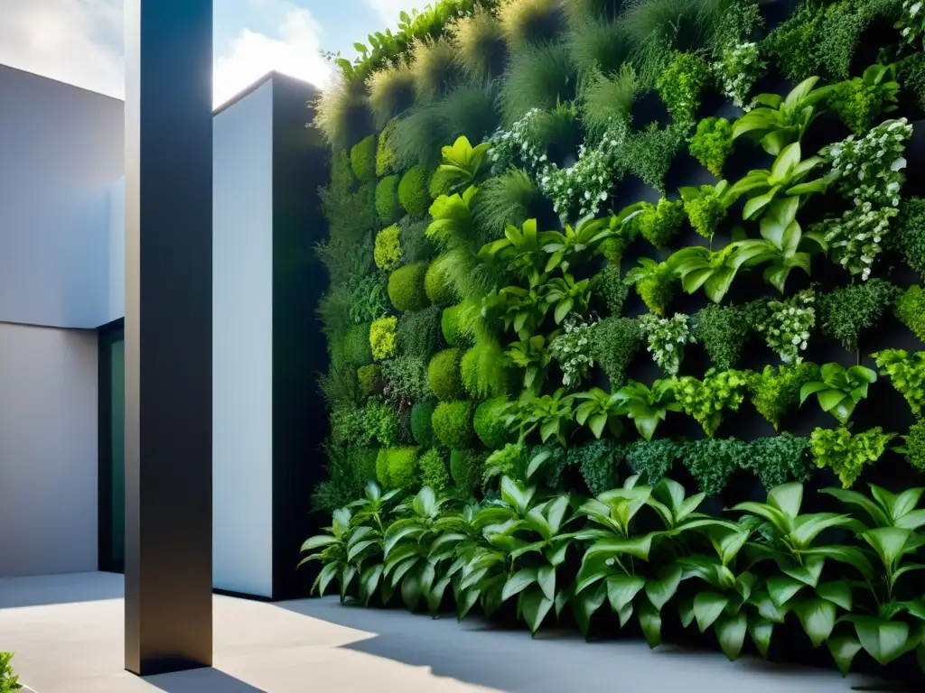 'Jardinería vertical para espacios reducidos: un jardín moderno y vibrante en entorno urbano, con plantas exuberantes en diseño innovador