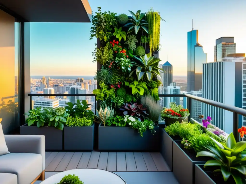 Jardinería vertical para espacios reducidos: un jardín urbano vibrante y moderno en un balcón con plantas exuberantes y diseño elegante, iluminado por el sol con la ciudad de fondo