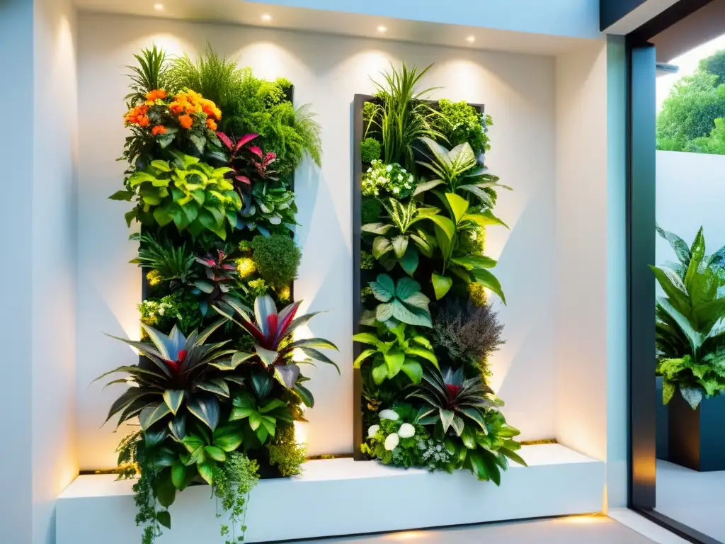 Jardinería vertical para espacios reducidos: diseño de jardín vertical moderno y elegante con plantas exuberantes y coloridas en patrón escalonado