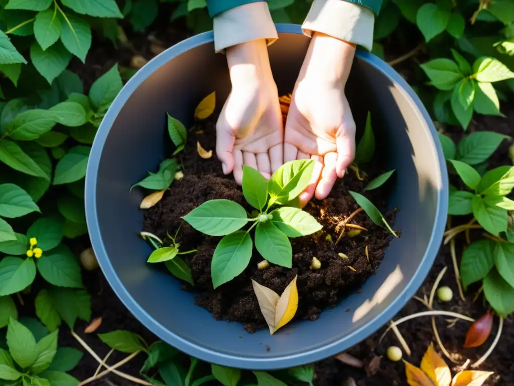 Un jardinero cuidadoso coloca restos de jardín en un compostaje, mostrando la transformación de los restos de poda en abono nutritivo