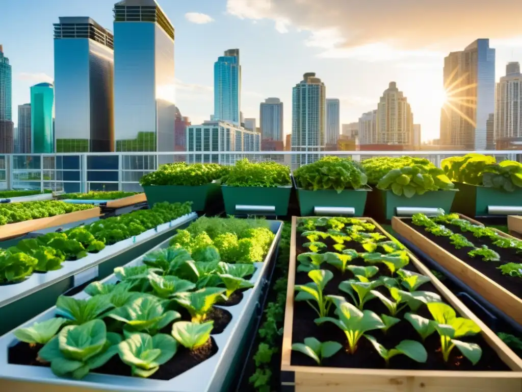 Jardineros urbanos maximizando eficiencia agricultura urbana entre rascacielos modernos y naturaleza exuberante bajo el cálido sol