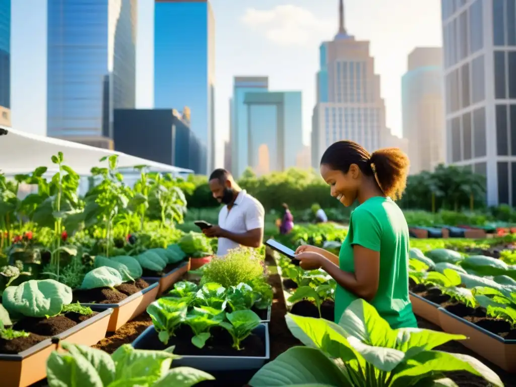 Jardineros urbanos cultivando huertos con apps móviles en la ciudad