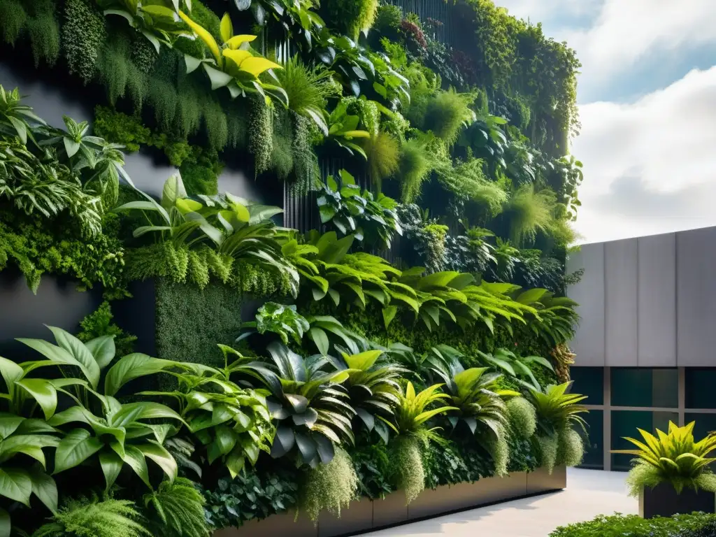 Jardines colgantes en huertos verticales: Impactante jardín vertical en entorno urbano moderno, con exuberante vegetación y diseño innovador