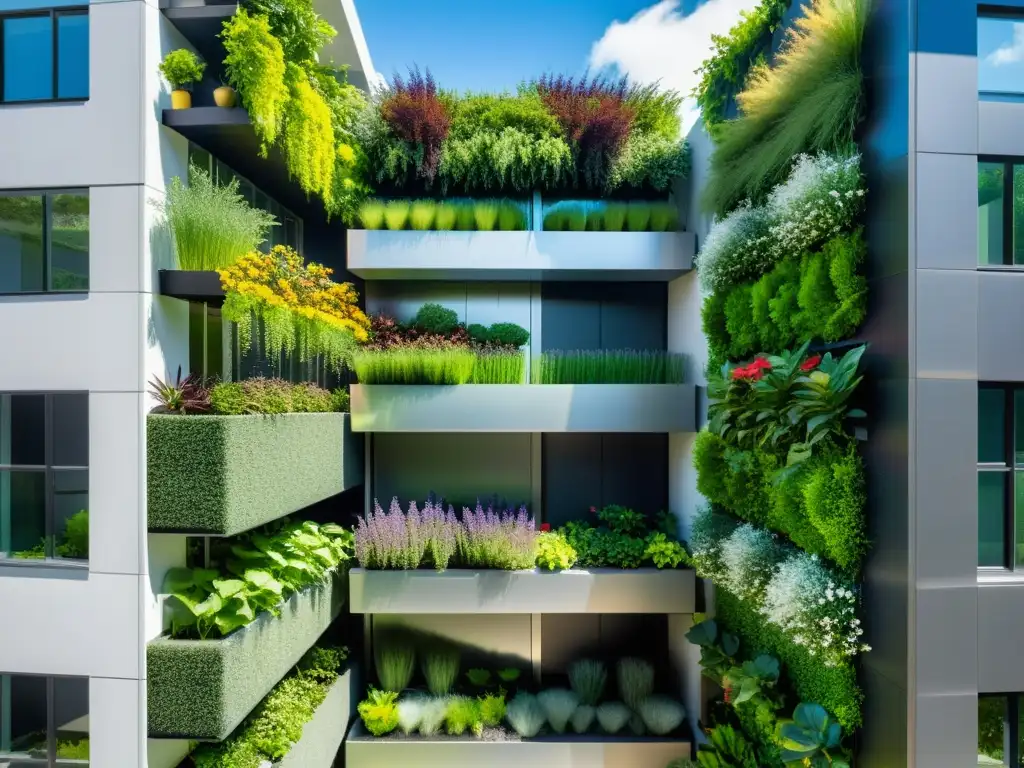 Jardines colgantes en huertos verticales: un oasis urbano con plantas exuberantes en un moderno edificio futurista