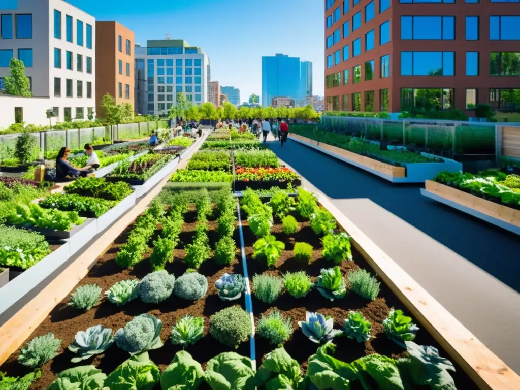 Jardines urbanos vibrantes en una bulliciosa calle de la ciudad, donde personas de diversas culturas cuidan plantas y cosechan