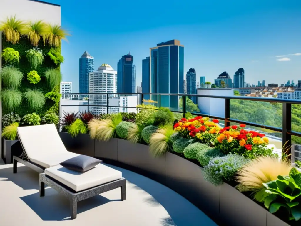 Jardines verticales para balcones urbanos: Un oasis urbano con plantas exuberantes y flores vibrantes en un moderno balcón