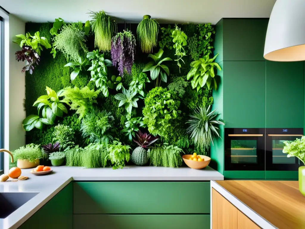 Jardines verticales comestibles urbanos en cocina moderna con vegetación exuberante y luz natural