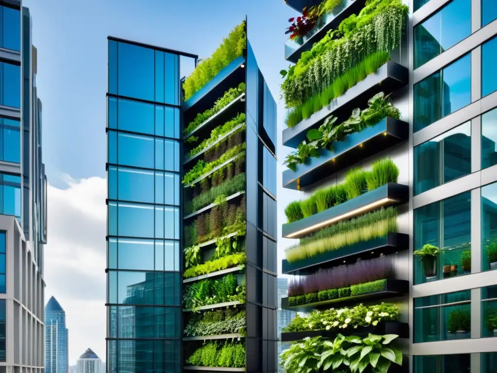 Jardines verticales con plantas verdes vibrantes en edificios urbanos, integrando agricultura urbana en espacios comunitarios