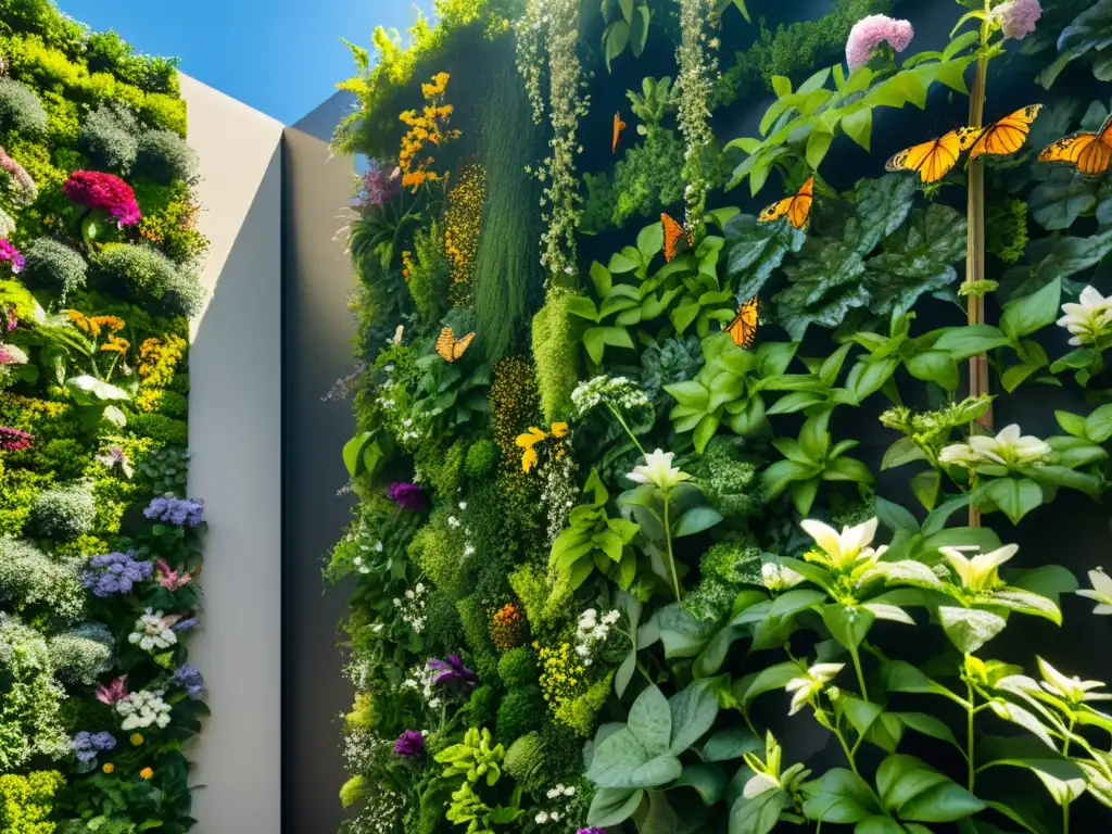 Polinización en jardines verticales urbanos: Un exuberante jardín vertical en la ciudad, con flores, plantas y vida silvestre vibrante bajo el sol