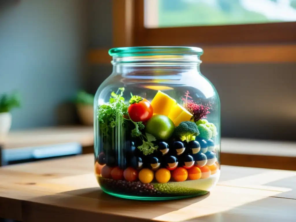 Jarra de vidrio con vegetales y frutas en fermentación, sobre mesa de madera con luz natural