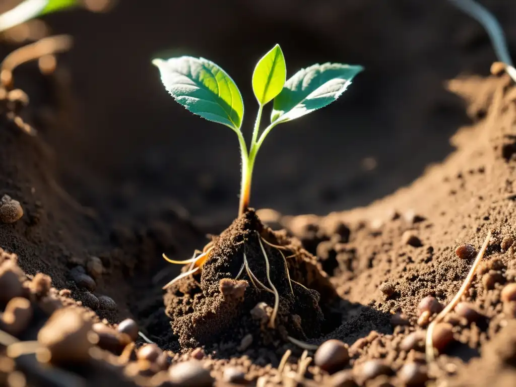 Joven planta brotando de la tierra, con raíces y hojas desplegándose hacia la luz