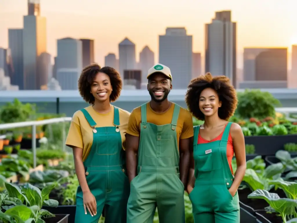 Jóvenes agricultores urbanos disfrutan de un próspero huerto en la ciudad al atardecer, con Subvenciones para jóvenes agricultores urbanos