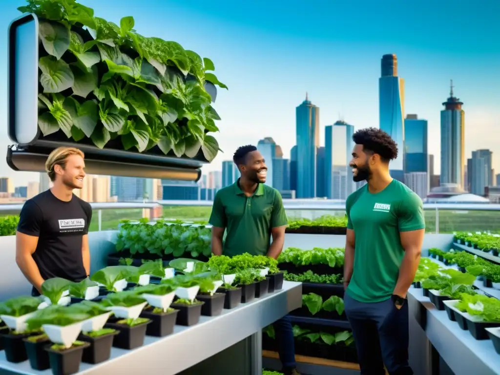 Jóvenes agricultores urbanos con tecnología agrícola sostenible en la ciudad