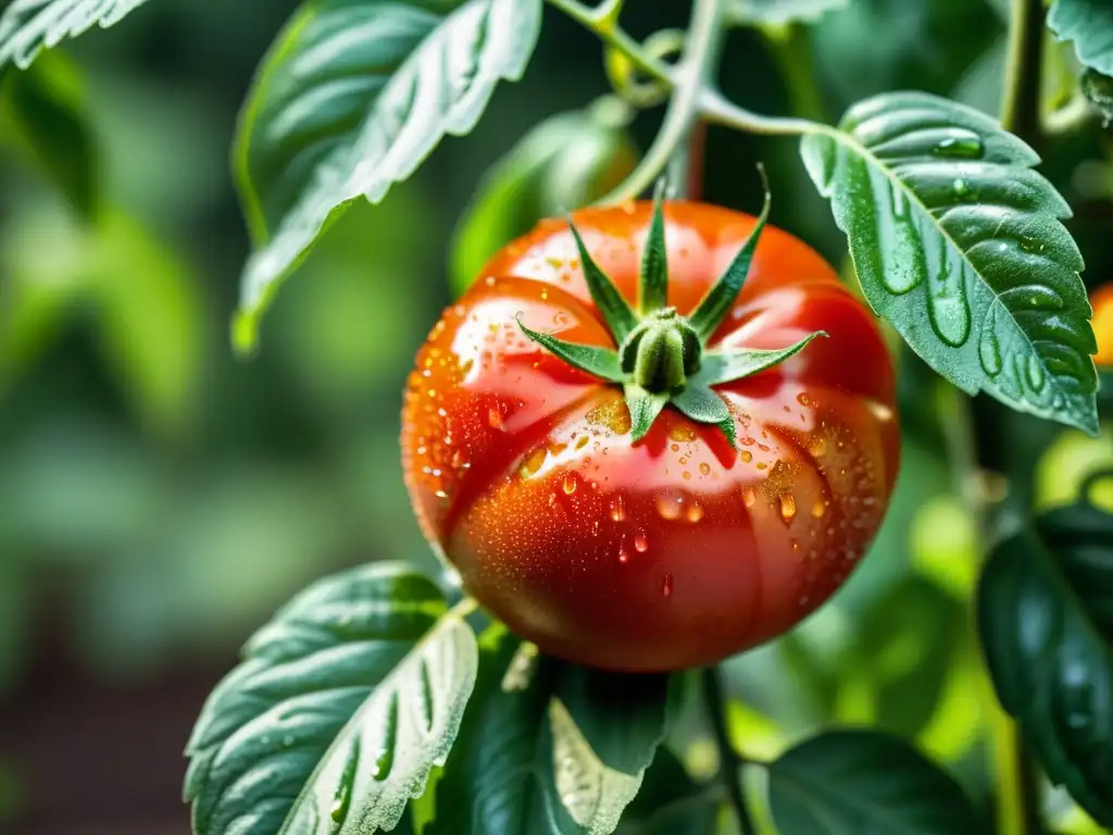 Una jugosa imagen detallada de un tomate maduro con piel roja vibrante, brillando con gotas de rocío, en un frondoso jardín urbano