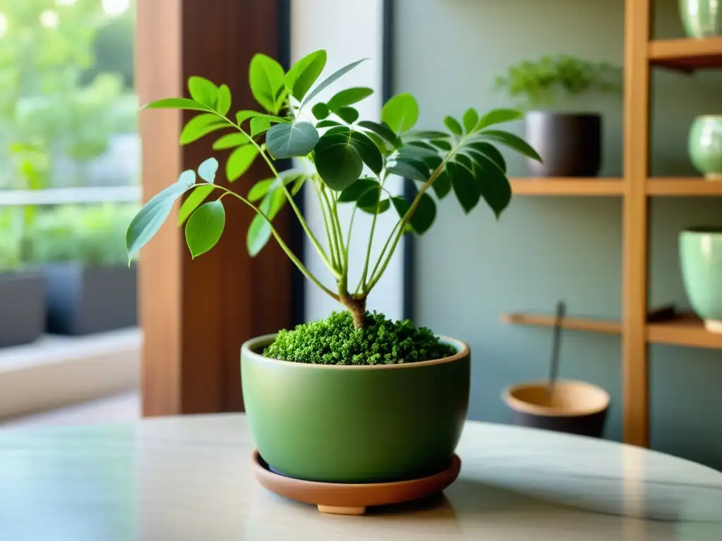 Moringa en maceta para terraza: planta vibrante y saludable en un entorno urbano-natural, con hojas exuberantes y patrones de venas intrincados